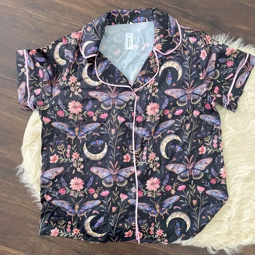 NWT Moon & Moth Print Pajama Set / Celestial Whimsygoth Satin Pajamas M